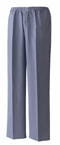The Premier PR552 blue and white checkered pants, featuring an elastic waistband, are displayed hanging straight on a white background.
