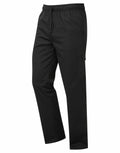 The PR555 by Premier are black cargo pants that come with an elastic waistband, a drawstring for adjustment, side pockets, and a relaxed fit.
