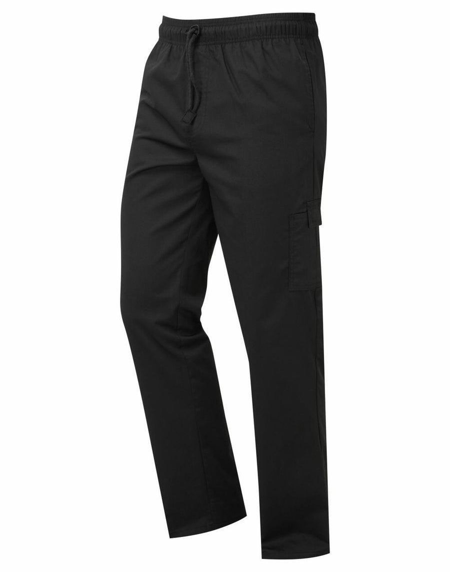 The PR555 by Premier are black cargo pants that come with an elastic waistband, a drawstring for adjustment, side pockets, and a relaxed fit.