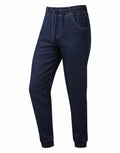 Premier's PR556 jogger pants feature a dark blue denim design with an elastic waistband and drawstring, along with front pockets and elastic cuffs at the ankles.