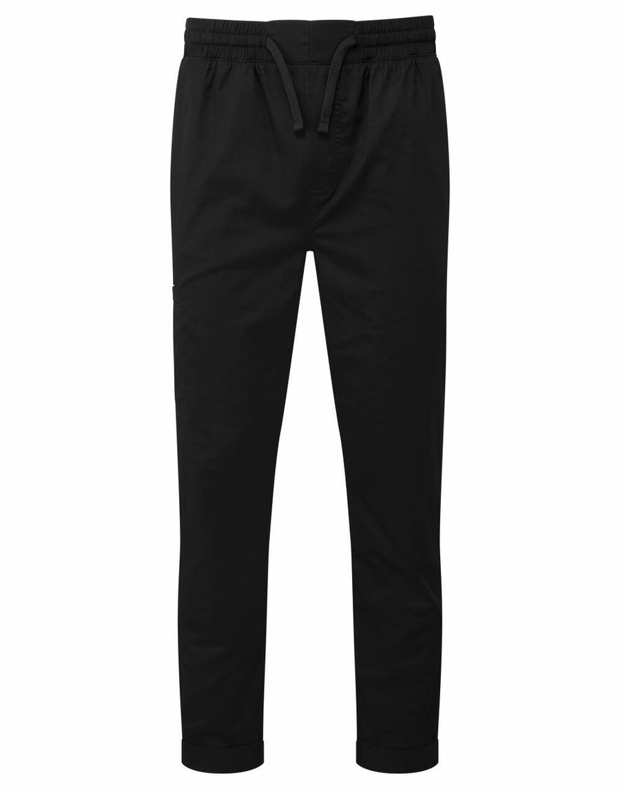 Premier PR557 jogger pants in black featuring an elastic waistband, drawstring, and cuffed ankles.
