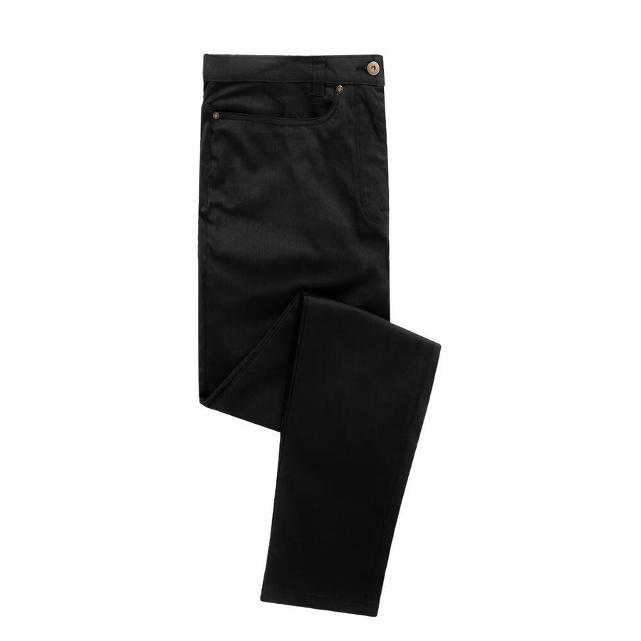A pair of Premier PR560 folded black jeans featuring a button closure and pockets, showcased on a white background.