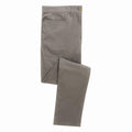 A folded pair of Premier's PR560 grey men's pants, featuring a classic five-pocket design and button closure, displayed against a white background.