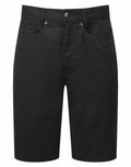 Premier's PR562 features black denim shorts with a five-pocket design and button closure, set against a white background.