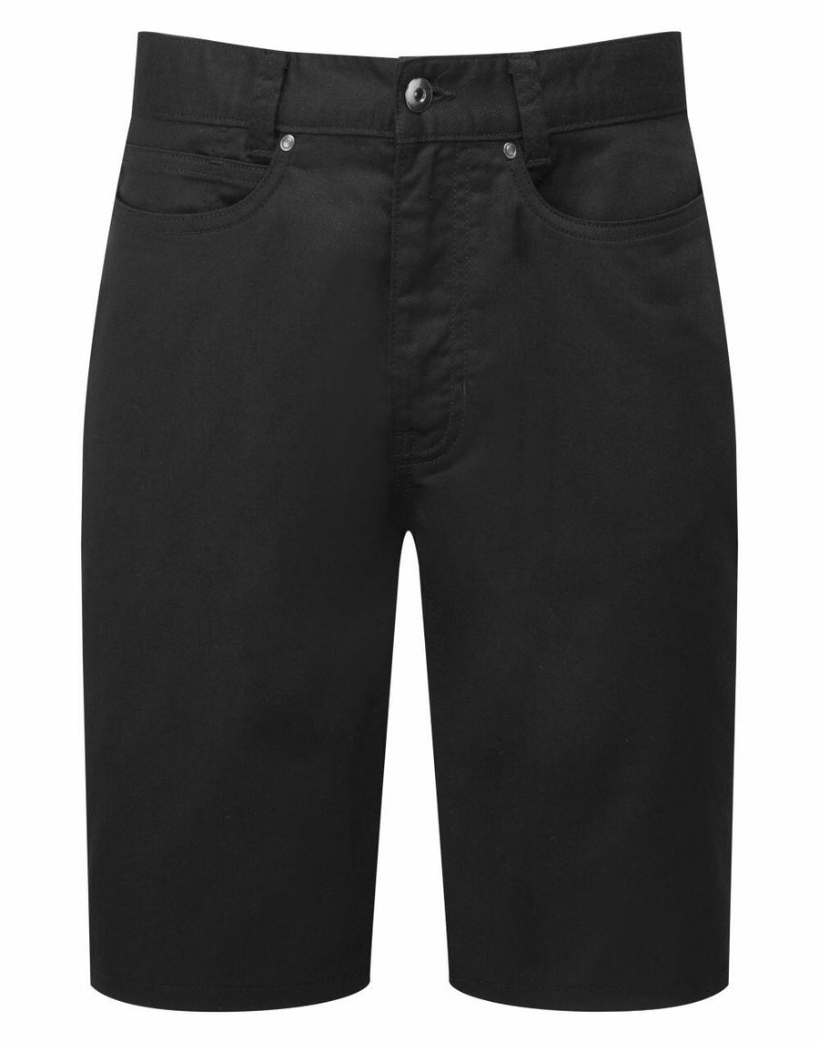 Premier's PR562 features black denim shorts with a five-pocket design and button closure, set against a white background.
