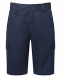 Premier's PR564 cargo shorts in navy blue feature button closure, belt loops, and side pockets.