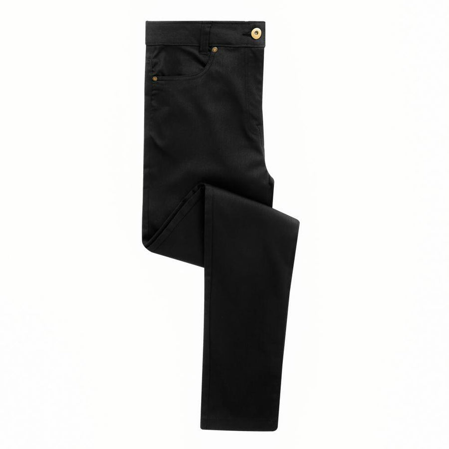 The Premier PR570 jeans are black with a folded design, a button on the waistband, and visible stitching on the pockets. The fabric has a smooth texture with a slight sheen.