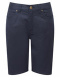Premier's PR572 shorts are navy blue, knee-length, and feature a front button and pockets.