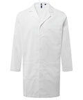 A "Jackets" product shown on a white background: plain white with long sleeves, three front pockets, a collar, and button-through front.