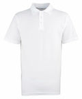 A plain white short-sleeve polo shirt from Premier, featuring a collar and a three-button placket, known as Product PR610.