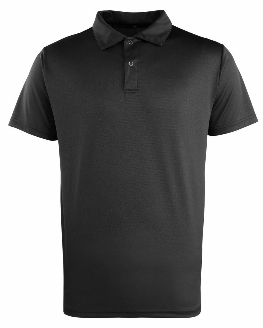 The Premier PR612 is a simple black polo shirt featuring a collar and three buttons.