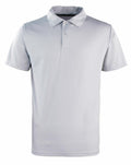 The PR612 polo shirt by Premier is a plain light gray design with short sleeves and a collar, featuring a two-button placket. It is neatly displayed against a white background.