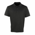 Product: Premier PR615, a plain black polo shirt featuring a three-button collar design against a white background.