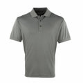 The product, PR615 by Premier, is a simple gray short-sleeve polo shirt featuring a collar and three buttons down the front, showcased against a white backdrop.