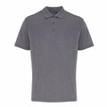 A plain gray Premier PR615 polo shirt featuring short sleeves and a three-button placket, displayed on a white background.