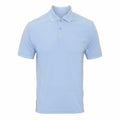 The Premier PR615, a light blue short-sleeved polo shirt featuring a three-button collar, is showcased against a white background.