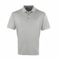 PR615 by Premier is a gray polo shirt featuring a classic collar and a three-button placket. It's crafted from smooth fabric with short sleeves, presented against a plain white background.