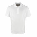 The Premier PR615 is a simple white polo shirt featuring a collar and three buttons, showcased against a white background.