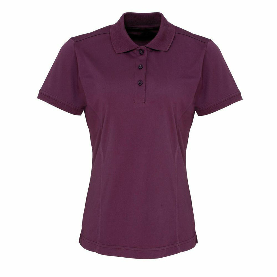 Product Description: The Premier PR616 is a maroon short-sleeve polo shirt featuring a three-button placket and a flat collar, set against a white background.