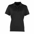 Premier's PR616 black short-sleeve polo shirt features a collar and three buttons, showcased against a plain white background.