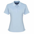 Premier's PR616 is a light blue polo shirt featuring short sleeves, a collar, and three buttons.