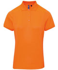 The Premier PR616 is a vibrant orange short-sleeve polo shirt, featuring a buttoned placket and a ribbed collar.