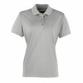 A front view of a Premier PR616 plain gray polo shirt, featuring a collar and three buttons. The short-sleeved shirt is displayed against a white background.