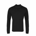 The Premier PR617 long-sleeved black polo shirt, featuring a collar and three buttons, is displayed against a white background.