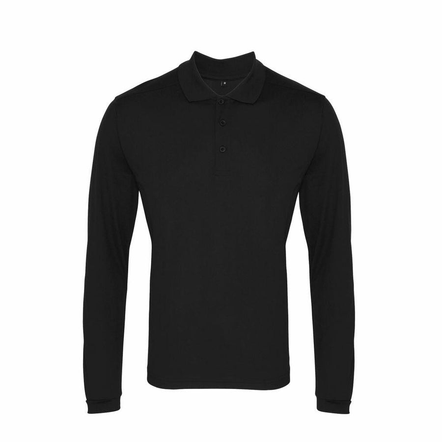 The Premier PR617 long-sleeved black polo shirt, featuring a collar and three buttons, is displayed against a white background.