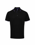 The Premier PR618 is a polo shirt in black with purple trim on the collar and sleeves, featuring a three-button placket.