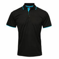 The Premier PR618 is a polo shirt featuring a black design with light blue accents on the collar and sleeves. It includes a buttoned placket and short sleeves.