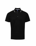 The PR618 by Premier is a black polo shirt featuring short sleeves and a white trim on the collar and sleeves. It includes a buttoned placket with three buttons and is set against a plain white background.