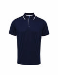 The Premier PR618 is a navy blue polo shirt with white trim. It features a collar, short sleeves, and a three-button placket, offering a clean and simple design.