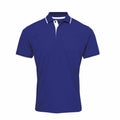 A plain blue Premier polo shirt (PR618) featuring white trim on the collar and sleeves.