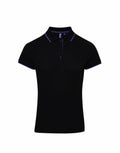 The Premier PR619 is a black short-sleeve polo shirt with a buttoned placket and purple trim on the collar and sleeve edges.