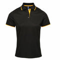 Introducing the Premier PR619, a sleek black polo shirt featuring short sleeves and a collar with stylish yellow trim along the collar edge and sleeve cuffs. This polo includes a classic three-button placket at the front.