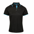 A Premier PR619 black short-sleeved polo shirt with light blue trim on the collar and sleeves, featuring a button-up front and a sleek design.