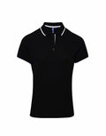 This Premier PR619 is a black polo shirt featuring short sleeves and a white-trimmed collar. It showcases three buttons on the front and is made of a soft, fitted fabric.