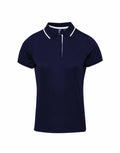The Premier PR619 is a navy blue polo shirt with a white collar lining and white sleeve edges, featuring a buttoned placket in the front. It is displayed on a plain white background.