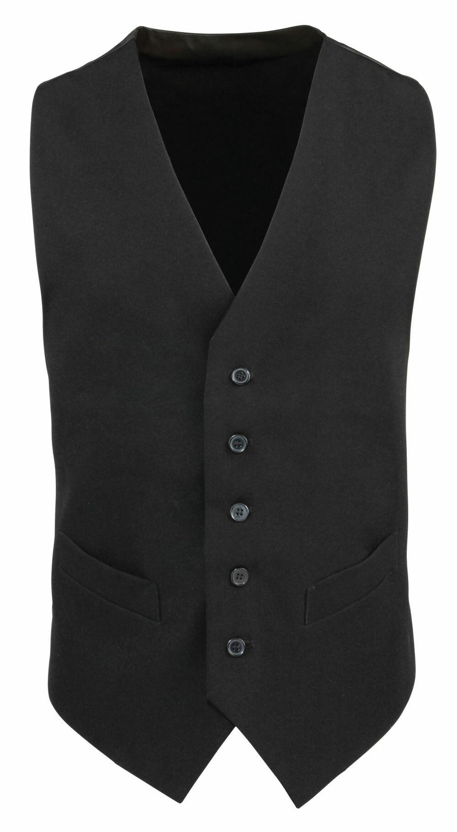 A Premier PR622 vest in black, featuring five buttons, two front pockets, and a V-neck design.