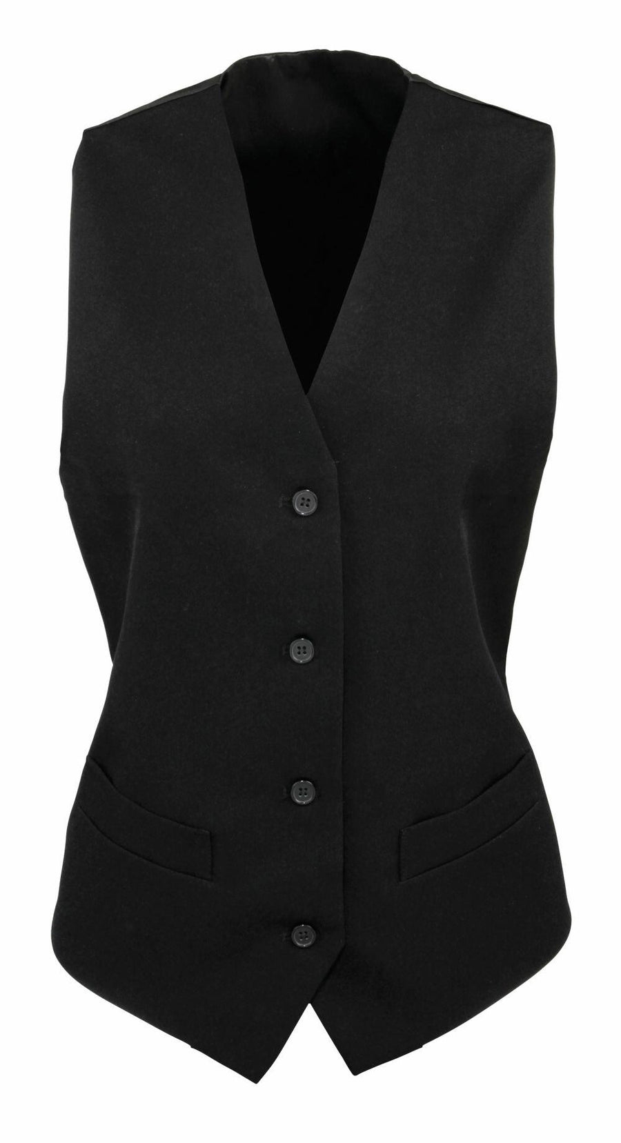 Premier's PR623 black formal waistcoat features a four-button design and two front pockets.
