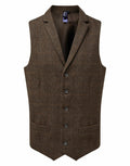 Premier's PR625 is a brown plaid waistcoat featuring five buttons and two front pockets.
