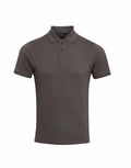 A Premier PR630 polo shirt featuring a plain dark gray design, a collar, and three buttons down the front, displayed on a white background.