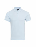 Premier's PR630 is a light blue polo shirt, featuring short sleeves and a three-button placket, shown against a white background.