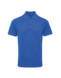 A Premier PR630 polo shirt featuring a simple blue design, short sleeves, and a three-button placket.