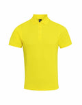 Introducing the PR630 by Premier: a vibrant yellow polo shirt featuring short sleeves and a classic collar. This shirt includes three buttons on the front placket and is crafted from smooth, lightweight fabric, making it an ideal choice for casual wear.