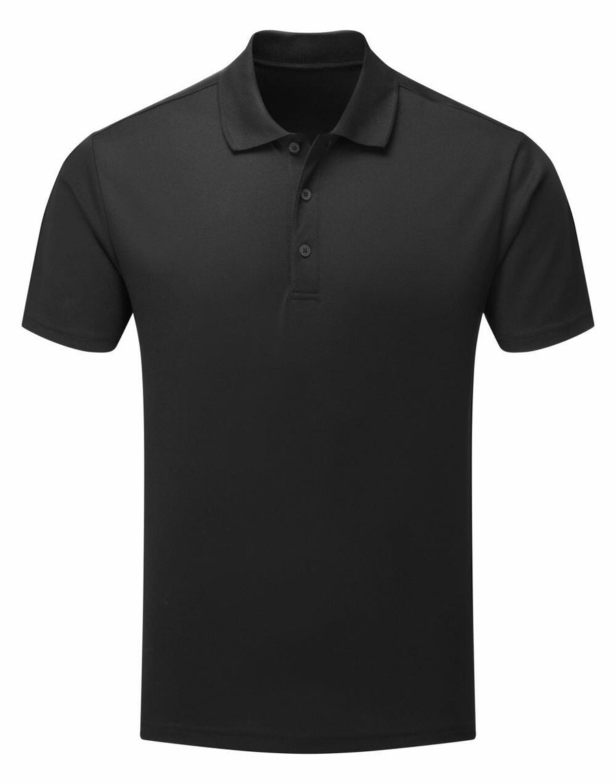 A Premier brand polo shirt, model PR631, featuring a simple black design with a collar and three buttons.