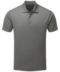 A gray Premier PR631 polo shirt featuring a collar and three buttons, with short sleeves and a plain design.