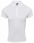 The Premier PR632 is a plain white short-sleeve polo shirt featuring a collar and a three-button placket, displayed against a white background.