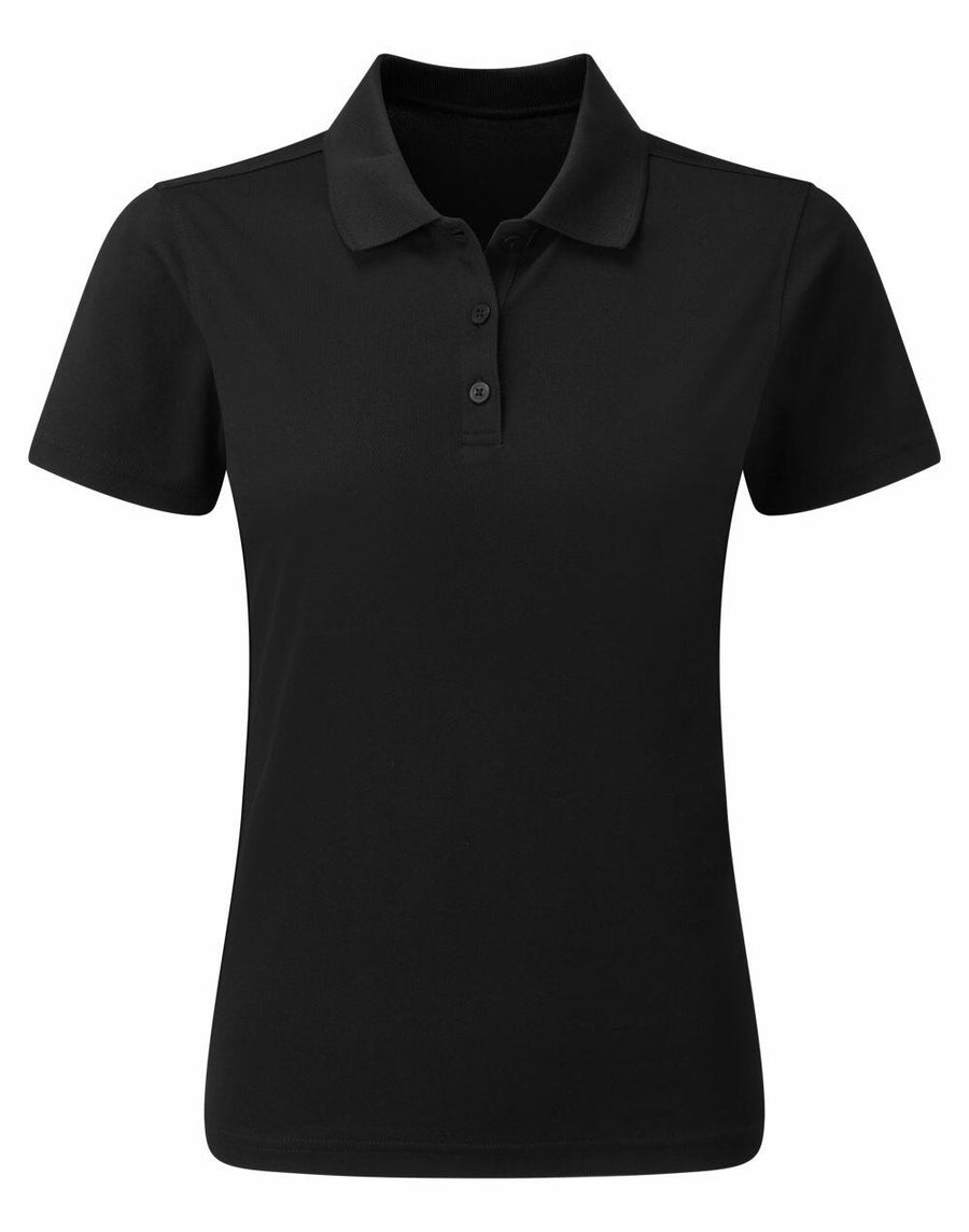 The Premier PR633 is a plain black polo shirt with short sleeves and three buttons.